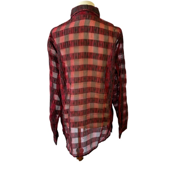 DISMERO TOP SEMI SHEER CRINKLE PLAID CHECKS RUFFLE HOLIDAY DRESSY CHIC L - Picture 5 of 10
